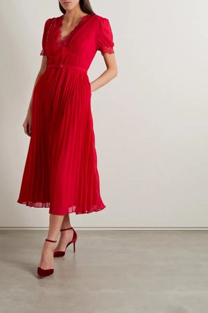 Self-Portrait Belted Lace-Trimmed Pleated Chiffon Midi Dress