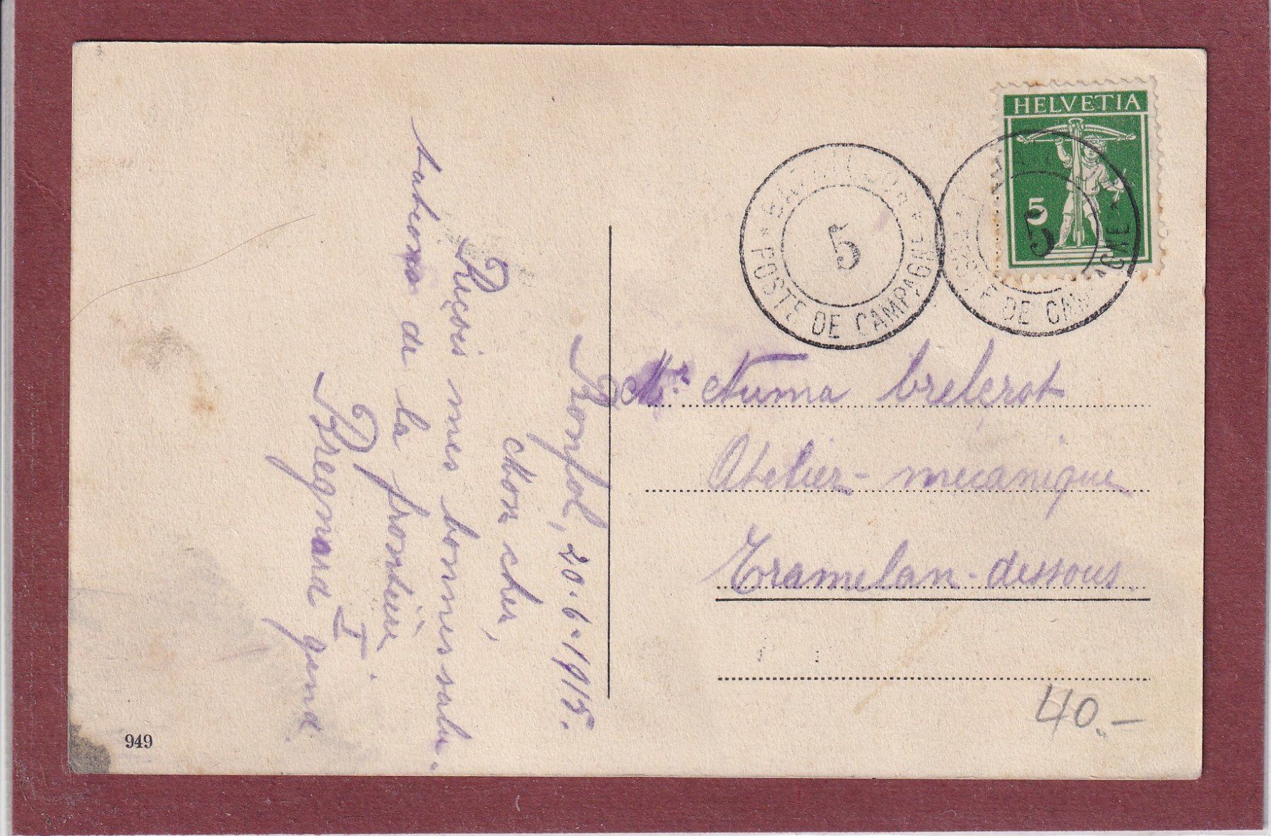 Ansichtskarten: Bonfol - la gare - 1915 - Poste de campagne 5 – Gebraucht aus Orvin von Pyaeschli 1