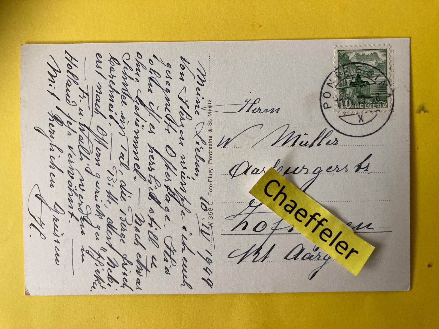Cartoline postali: 1949 Pontresina – Usato da Zürich venduto da Chaeffeler 1
