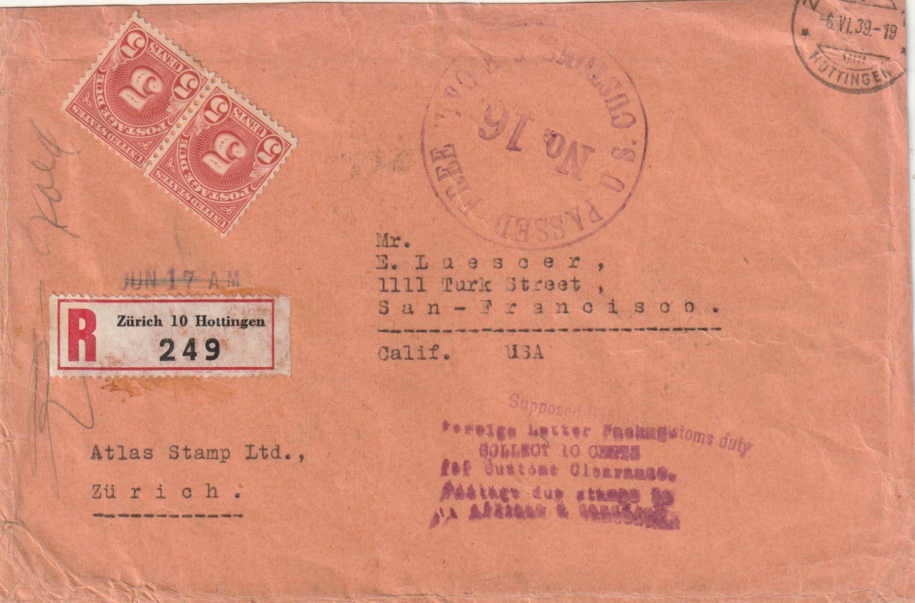 Tutti i francobolli: R-Brief mit US Zensur 1939 – Usato da Rorschacherberg venduto da fratovi2