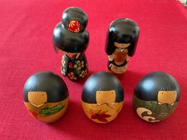 Set 5 Puppen kokeshi Holz Vintage Blumen Dekor