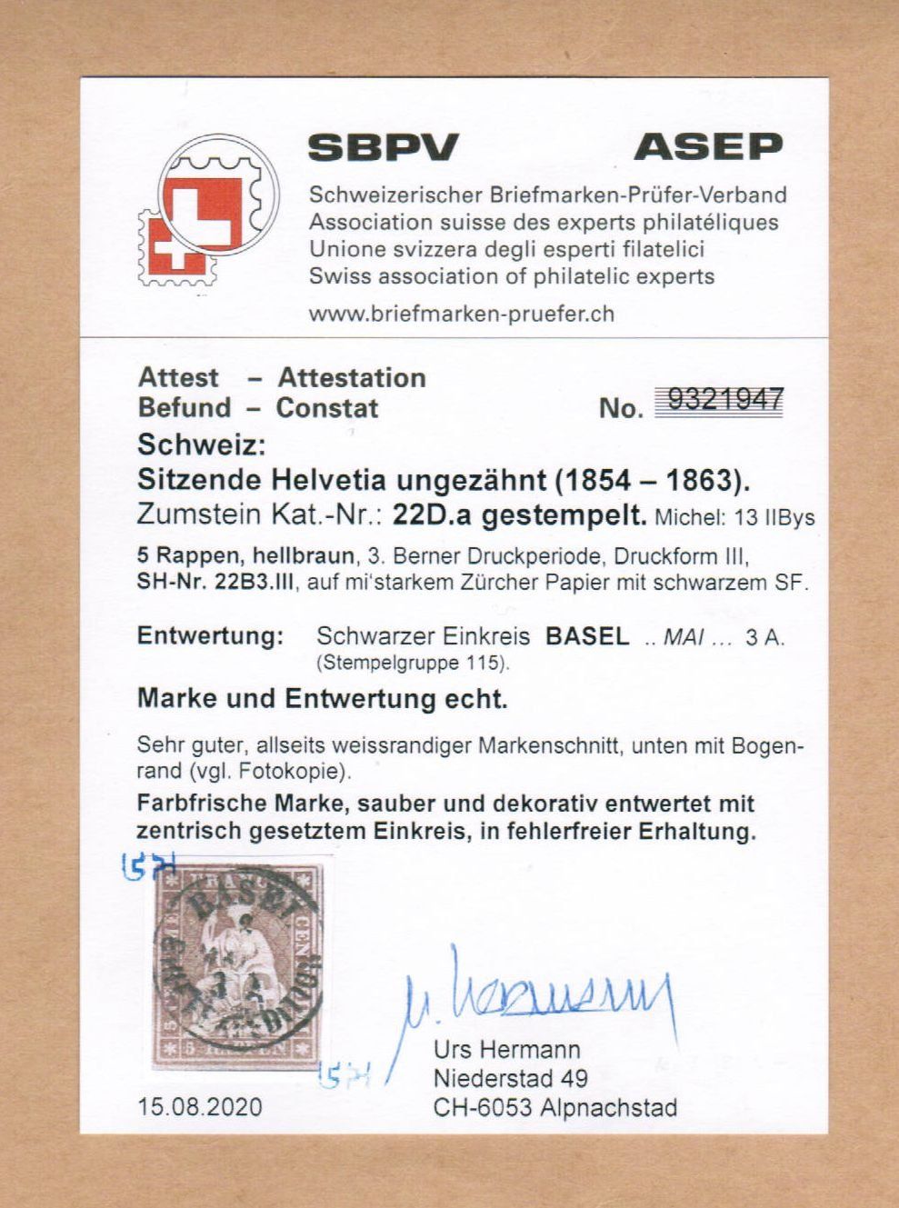 Alle Briefmarken: Strubel 22D - BASEL - Attest – Gebraucht aus Bern von peri02 2