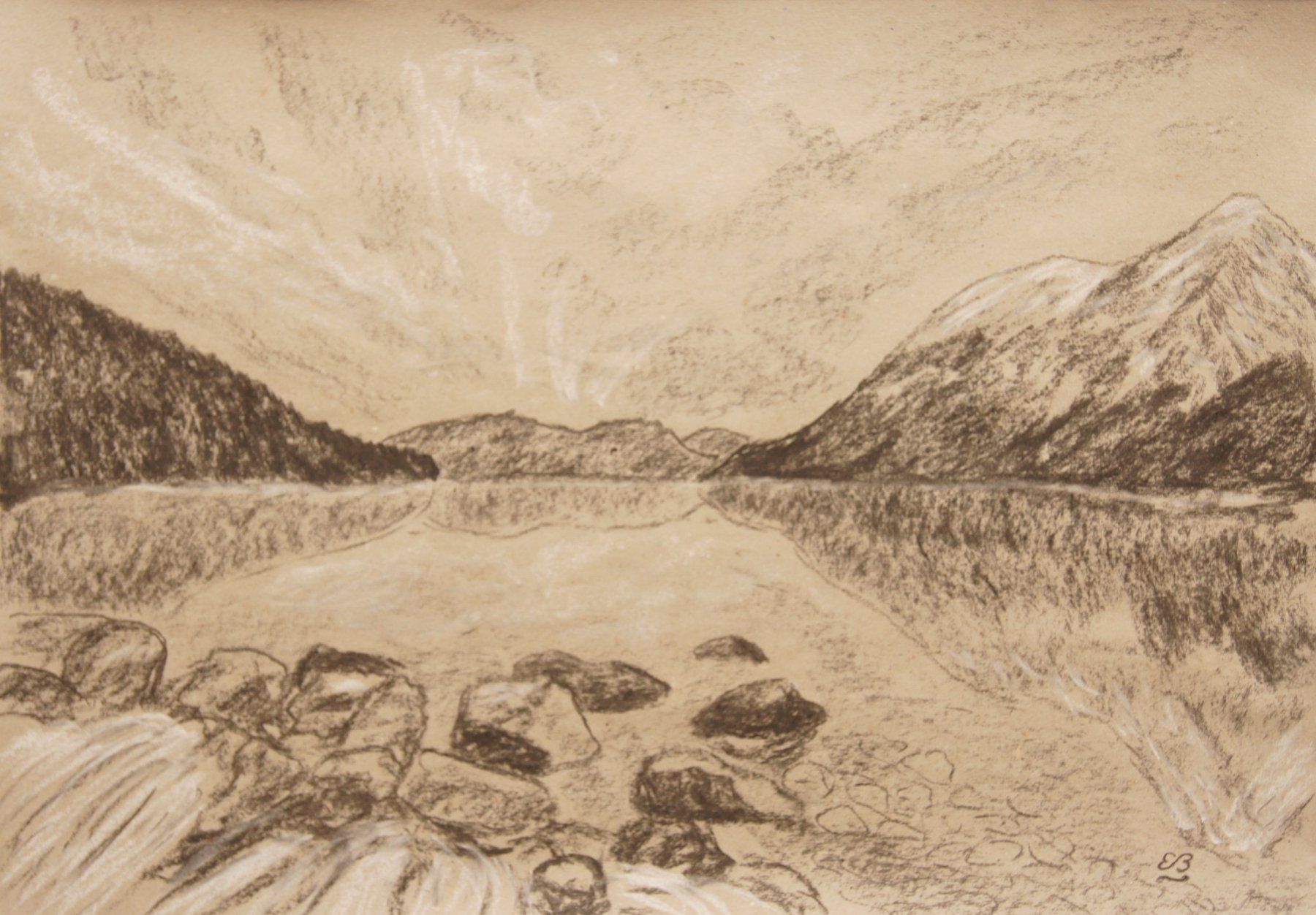 Dipinti: Kohlezeichnung: Bergsee – Usato da Fribourg venduto da erw_68dx