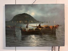 Gemälde Fischerboote Mondnacht