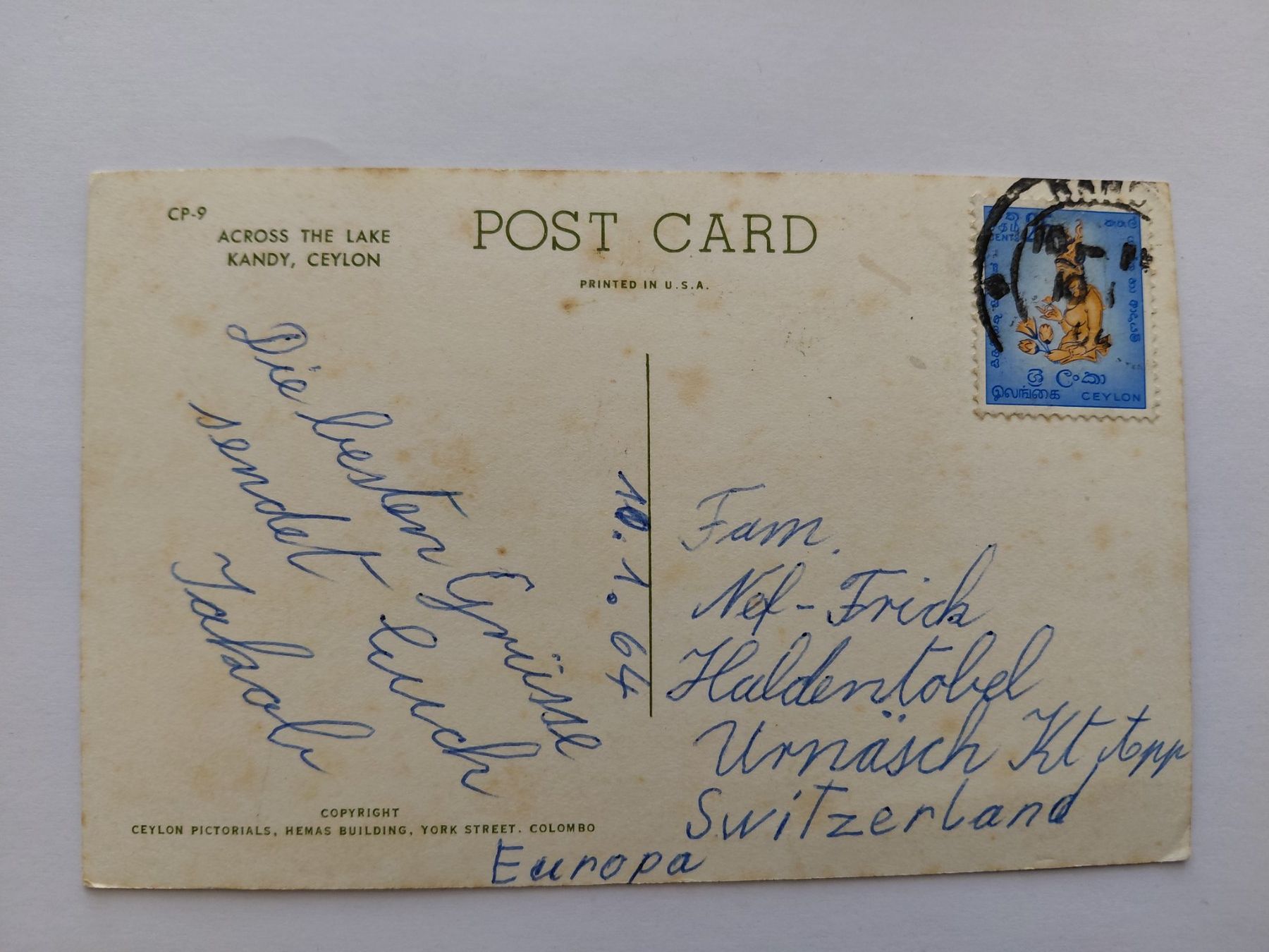 Ansichtskarten: Ansichtskarte Kandy Ceylon gelaufen 1964 – Gebraucht aus Wattwil von yburgler 1
