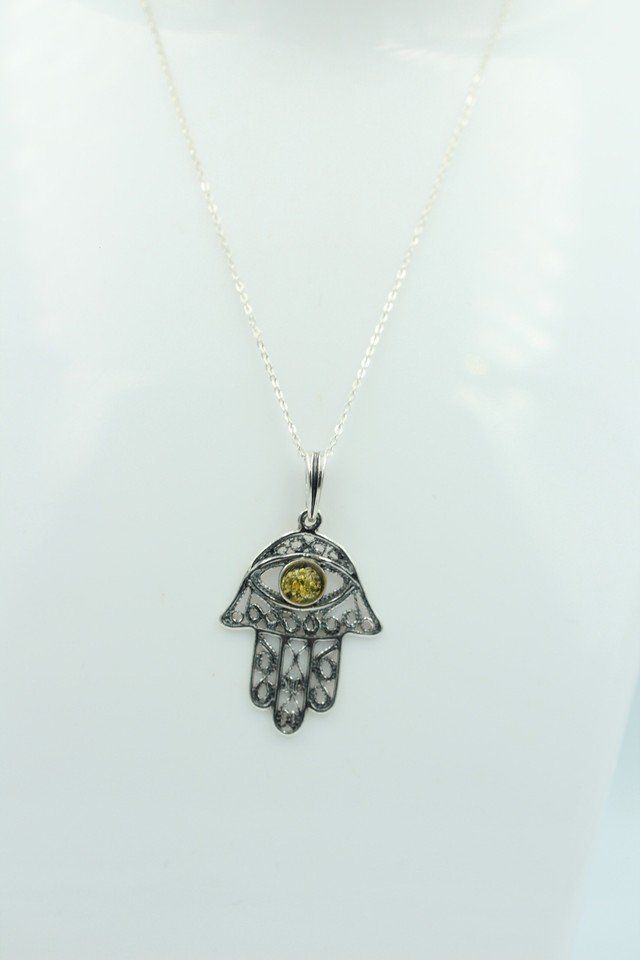 Ciondoli: Bernstein Hand der Fatima 925 Silber Collier Kette Bernstein – Nuovo e nell'imballaggio originale da Heiligkreuzsteinach venduto da schmucktime 1