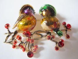 Vogel-Brosche, Emaille, Strass, Goldfarben