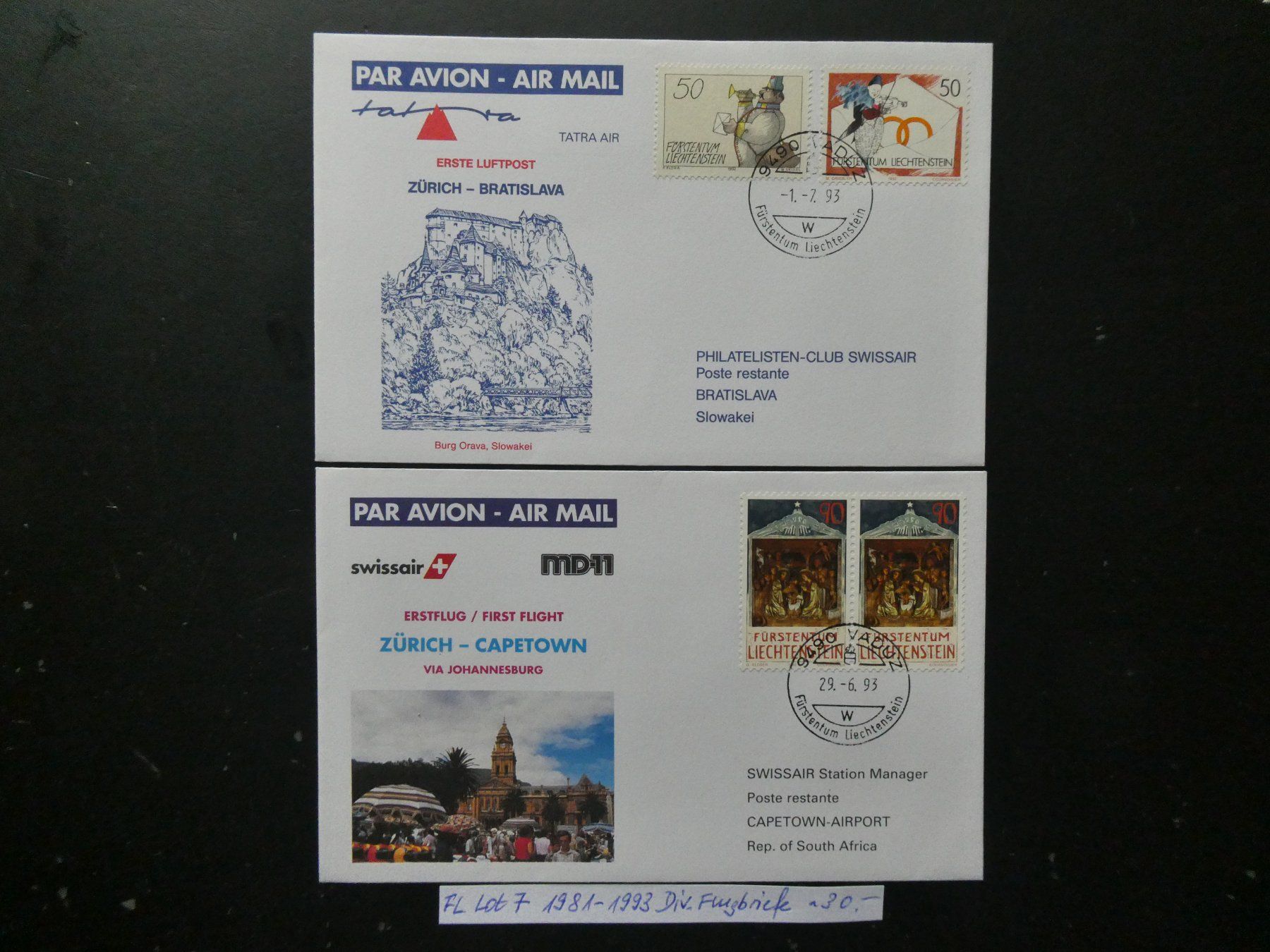 Tutti i francobolli: FL Lot 7 1981-1993 Diverse Flugbriefe – Usato da Lausen venduto da Herbamare01 1