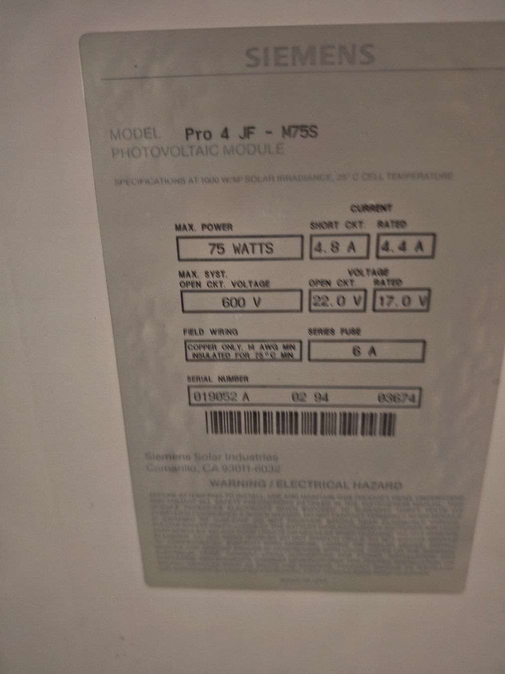 Siemens Dispositivi a energia solare: Solarpanel Siemens 75W – Usato da Castione venduto da Giusel 1