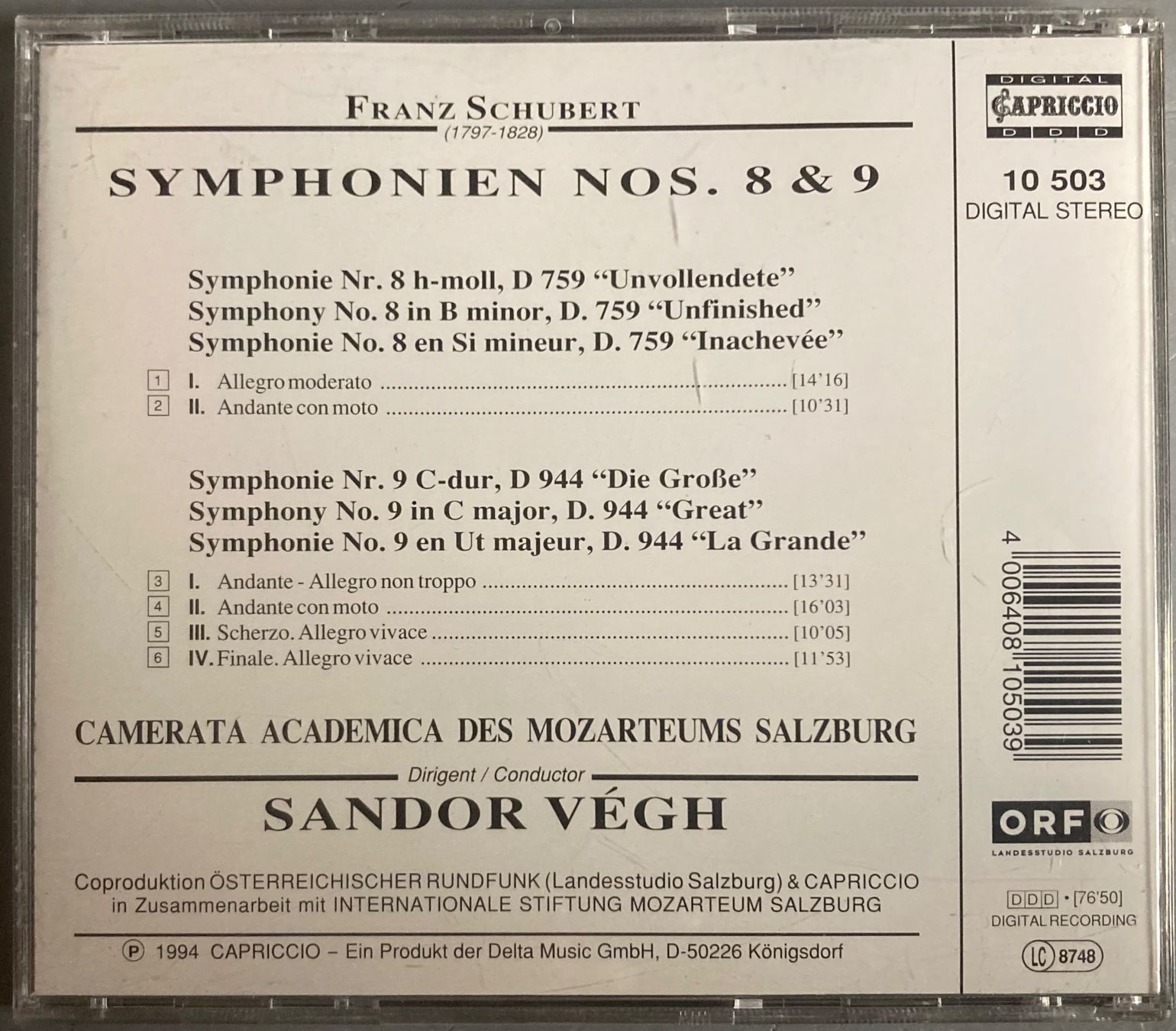 CDs: FRANZ SCHUBERT - SYMPHONIEN NOS. 8 & 9 – D'occasion à Poliez-Pittet par Newtown-Records 1