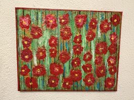 Abstraktes Bild Blumen rot gruen Leinwand 60x40cm handgemalt