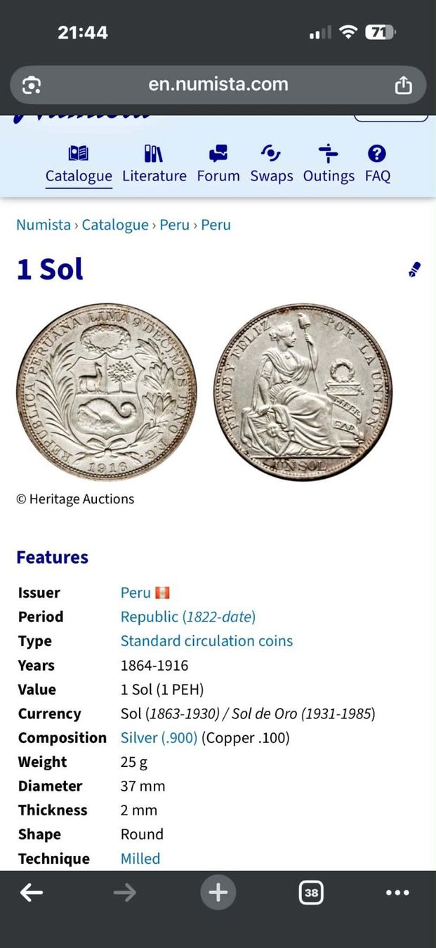 Tutti le monete: Peru 1 Sol 1915 VZ silver coin – Usato da Zürich venduto da Tasmiyah 2