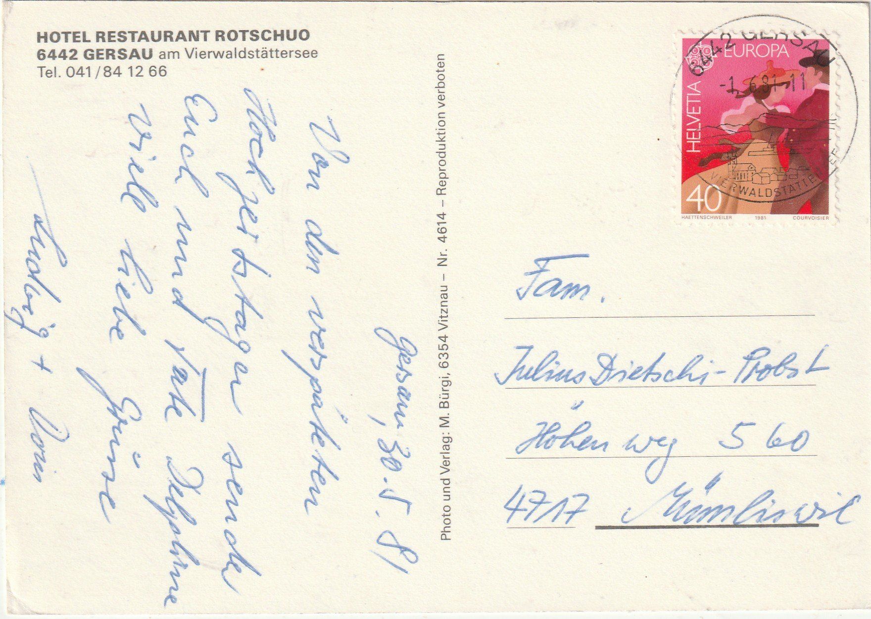 Cartes postales: Restaurant Gersau – D'occasion à Lumbrein par made02 1