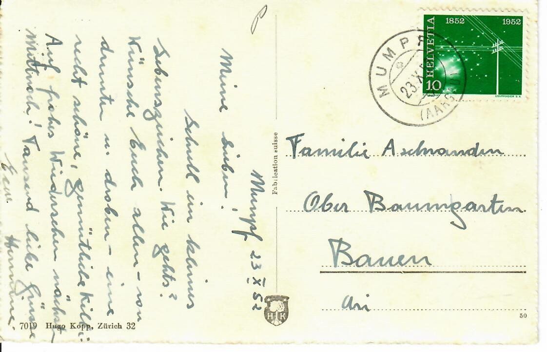 Cartoline postali: Mumpf  1952 – Usato da Hochdorf venduto da Ziegel-16 1