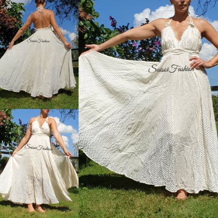 Sommer Natur-weißes Boho100%Bio Baumwolle Maxikleid S-XL