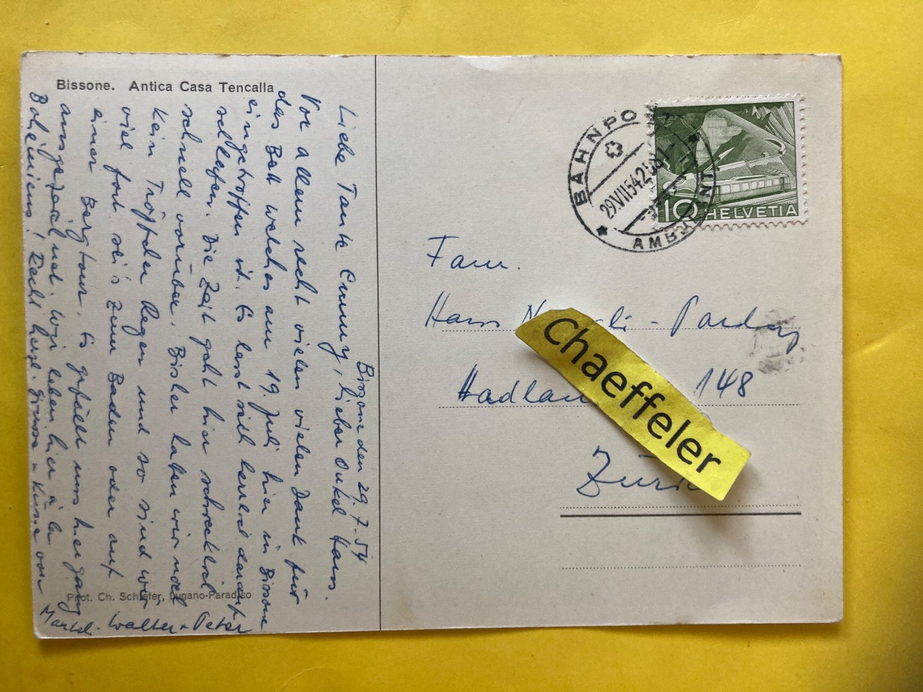 Cartoline postali: 1954 Bissone. Antica Casa Tencalla – Usato da Zürich venduto da Chaeffeler 1