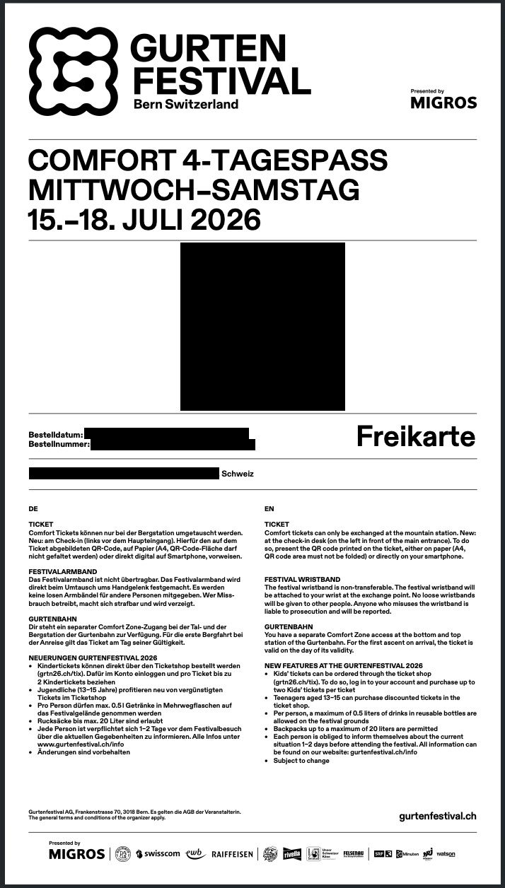Biglietti: Gurtenfestival Comfort Ticket MI / DO / FR / SA – Nuovo (secondo la descrizione) da Brügg BE venduto da fabrice.p