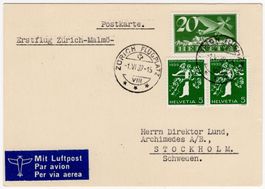 seltener Erstflug von ZÜRICH nach MALMÖ am 1.VI.1939