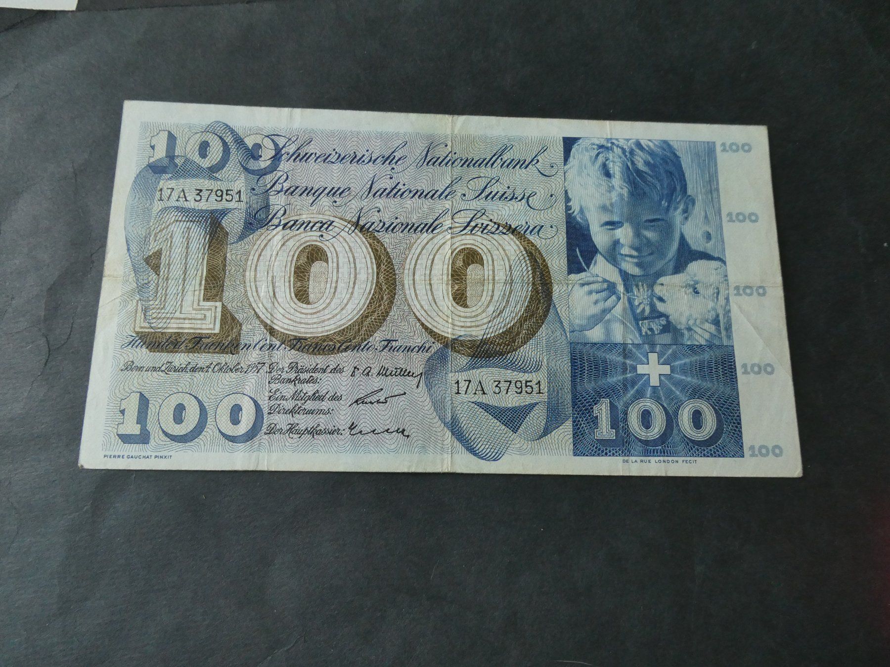 Banconote: Schweiz 1957, 100 Franken – Usato da Hinterforst venduto da Rohusri