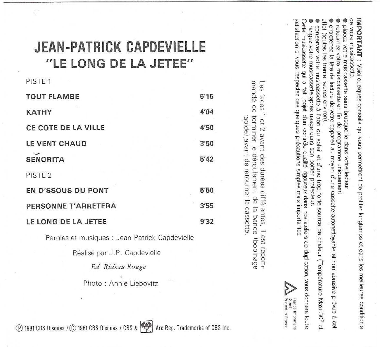Kompaktkassetten: JEAN - PATRICK CAPDEVIELLE  -  LE LONG DE LA JETEE – Gebraucht aus Bex von Giorgiob 1