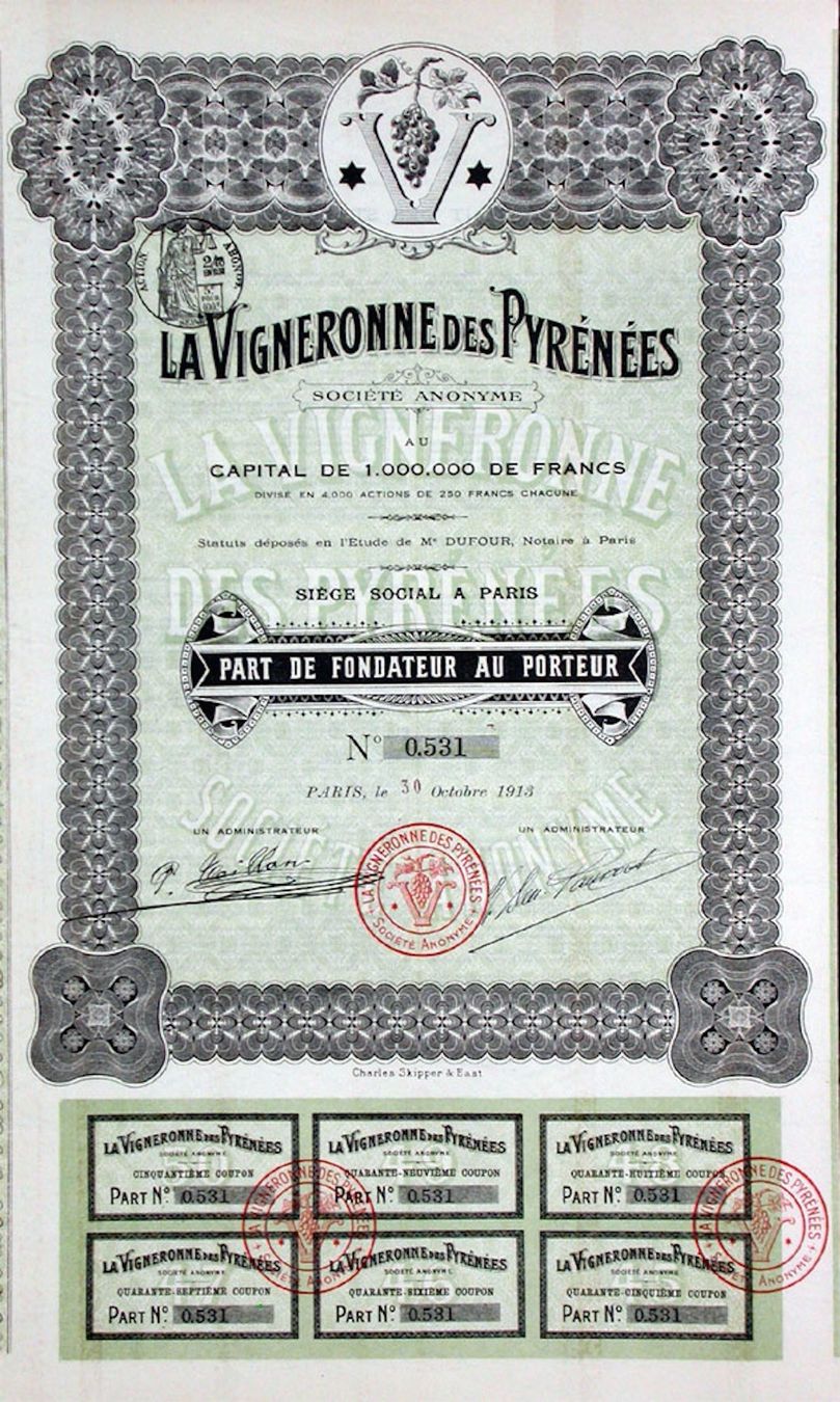 Dokumente: La Vigneronne des Pyrenées SA, Paris - 1913 – Gebraucht aus Solothurn von Sgasche