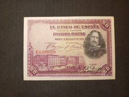 Spanien 50 Peseten Banknote, 15 August 1928, Top Zustand