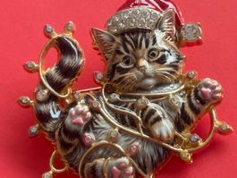Luxus Elegante  Brosche Katze 🐈‍⬛ Farbe: Gold/ Rot
