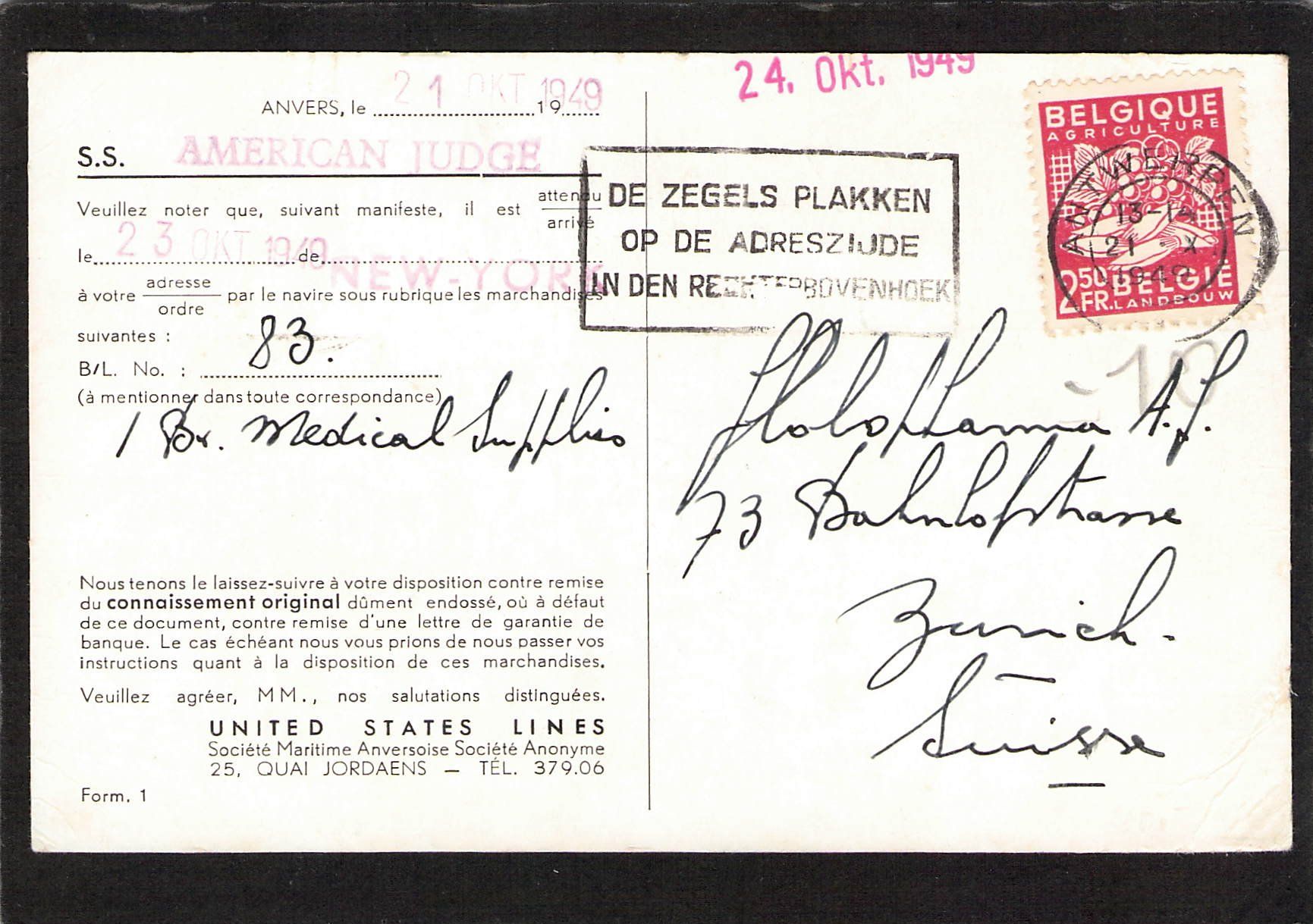 Alle Briefmarken: Schiffspost ,23.10.1949 ,siehe Vorderseite ! – Gebraucht aus Reichenburg von Pipo-67
