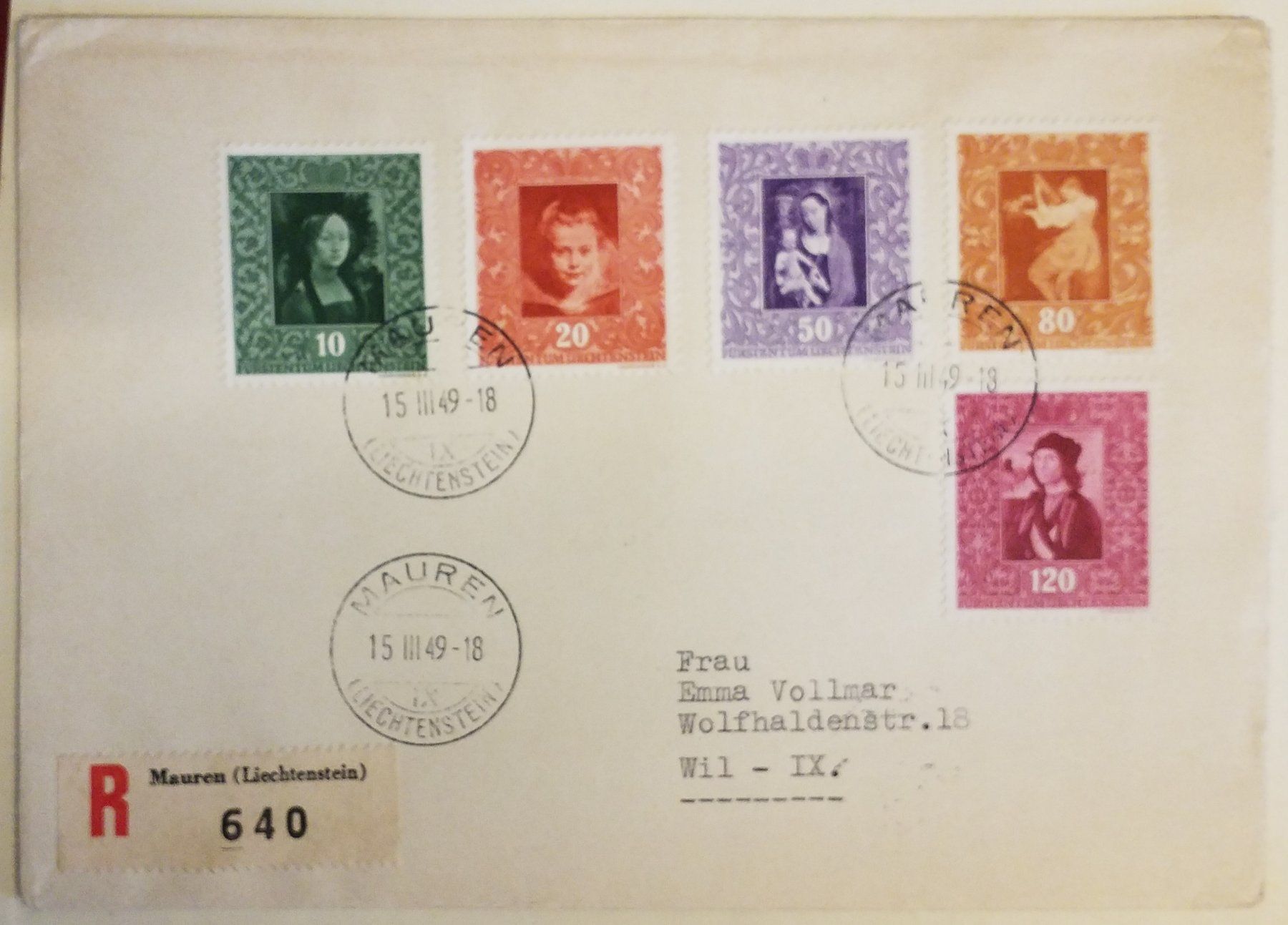 Alle Briefmarken: B88) 1949, Fürstliche Gemäldegalerie FDC nach Wil Kt. 90.- – Gebraucht aus Baden von Eggi