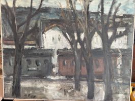 Gemälde Landschaft mit Zugwagen signiert c guger1968 40x50cm