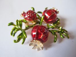 Emaille Brosche Granatapfel Früchte rot grün gold .