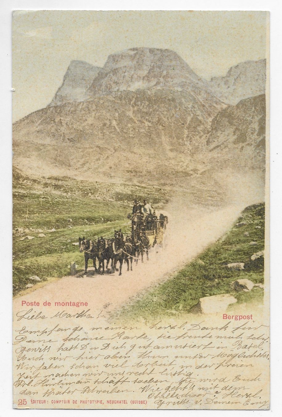 Cartoline postali: Bergpost mit Postkutsche  um 1901⨀ ST.MORITZ – Usato da Hefenhofen venduto da Richsalz