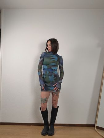 Mesh Mini Dress Blue Green Print Size S