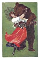 Bärenkarte - Bär küsst Trachtenfrau - 1902