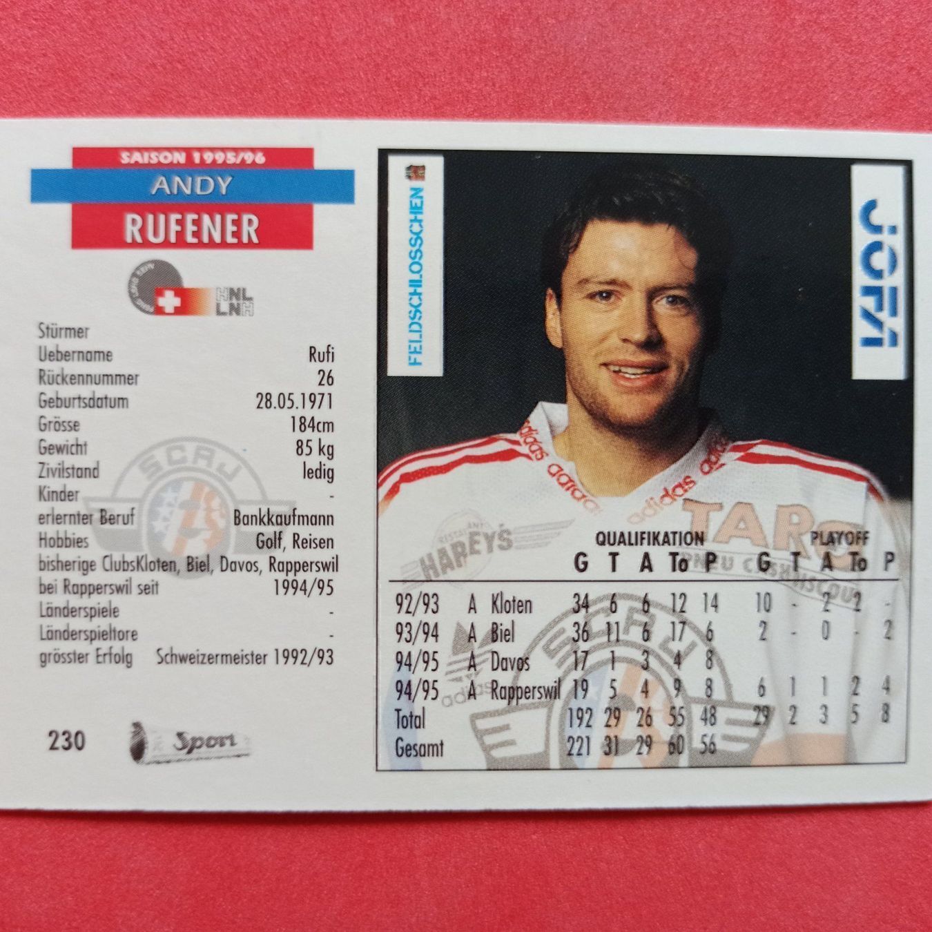 Carte collezionabili: Andy Ruefener - RAPPERSWIL - 1995/96 – Usato da Dübendorf venduto da kb86_MOVIE 1
