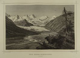 ROSEG-GLETSCHER, GRAUBÜNDEN, STAHLSTICH NACH ROHBOCK 1870