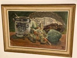 Stilleben monogrammiert mit Krug und Früchten auf Tisch