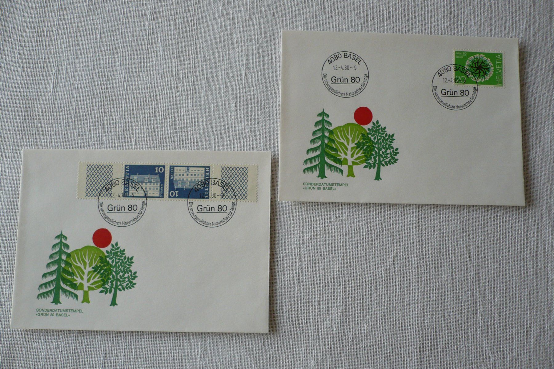 Alle Briefmarken: 1980 2 Belege "Grün 80", Basel – Gebraucht aus Zürich von saltandpepper008