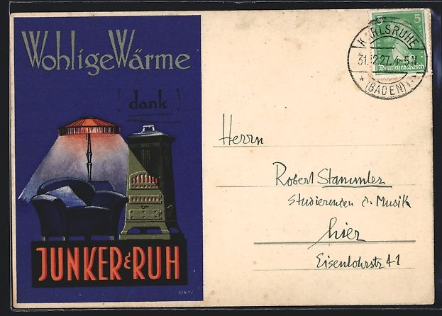 Cartoline postali: Wohlige Wohnzimmer-Szene mit einem Ofen  – Usato da Berlin venduto da bartko-reher