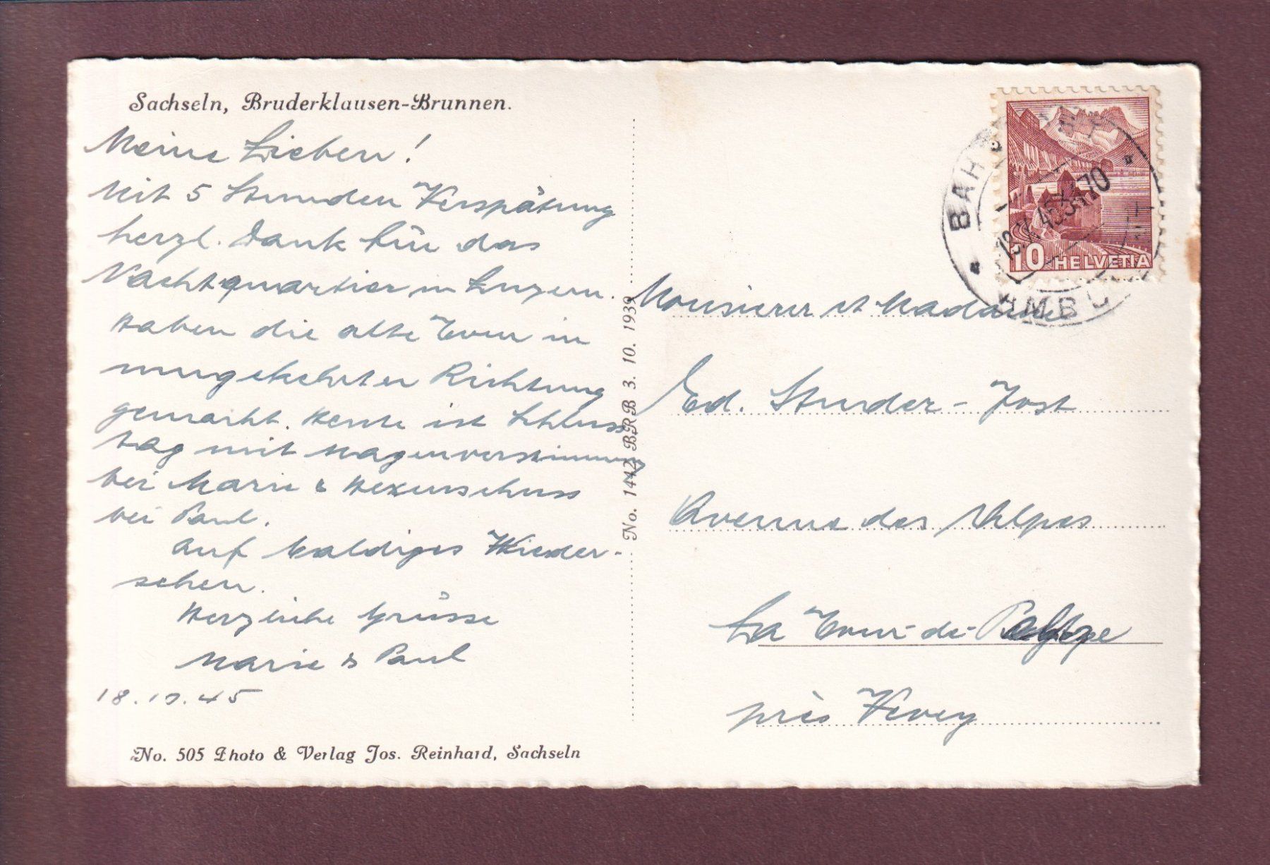 Cartoline postali: SACHSELN - Bruderklausen-Brunnen - 1945 // Eckbug // – Usato da Pully venduto da nicecards 1