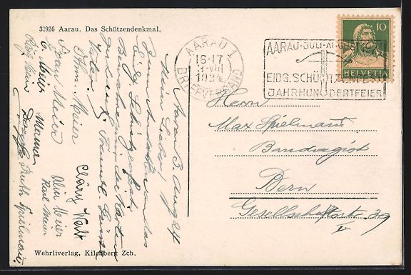Cartoline postali: AK Aarau, Das Schützendenkmal, 1924 – Usato da Berlin venduto da bartko-reher 1