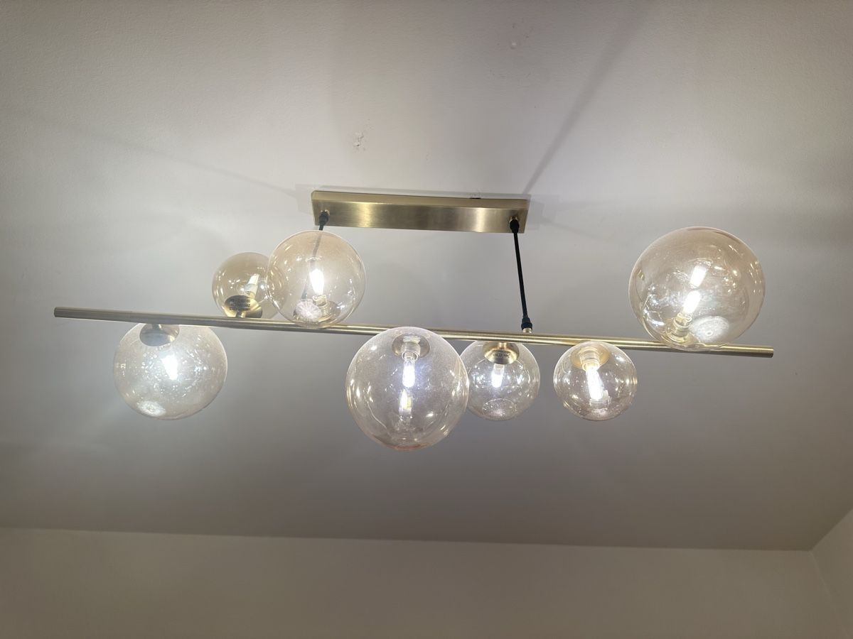 Kerzenständer: Modern 7-Light Brass & Glass Globe Chandelier Ceiling Light – Neu (gemäss Beschreibung) aus Basel von VanBuyer2010 1