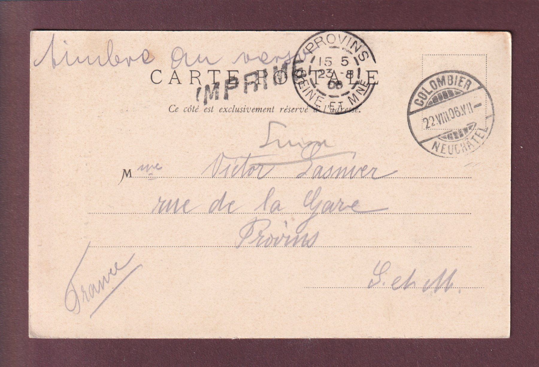 Cartoline postali: COLOMBIER - Eglise - 1906 – Usato da Pully venduto da nicecards 1