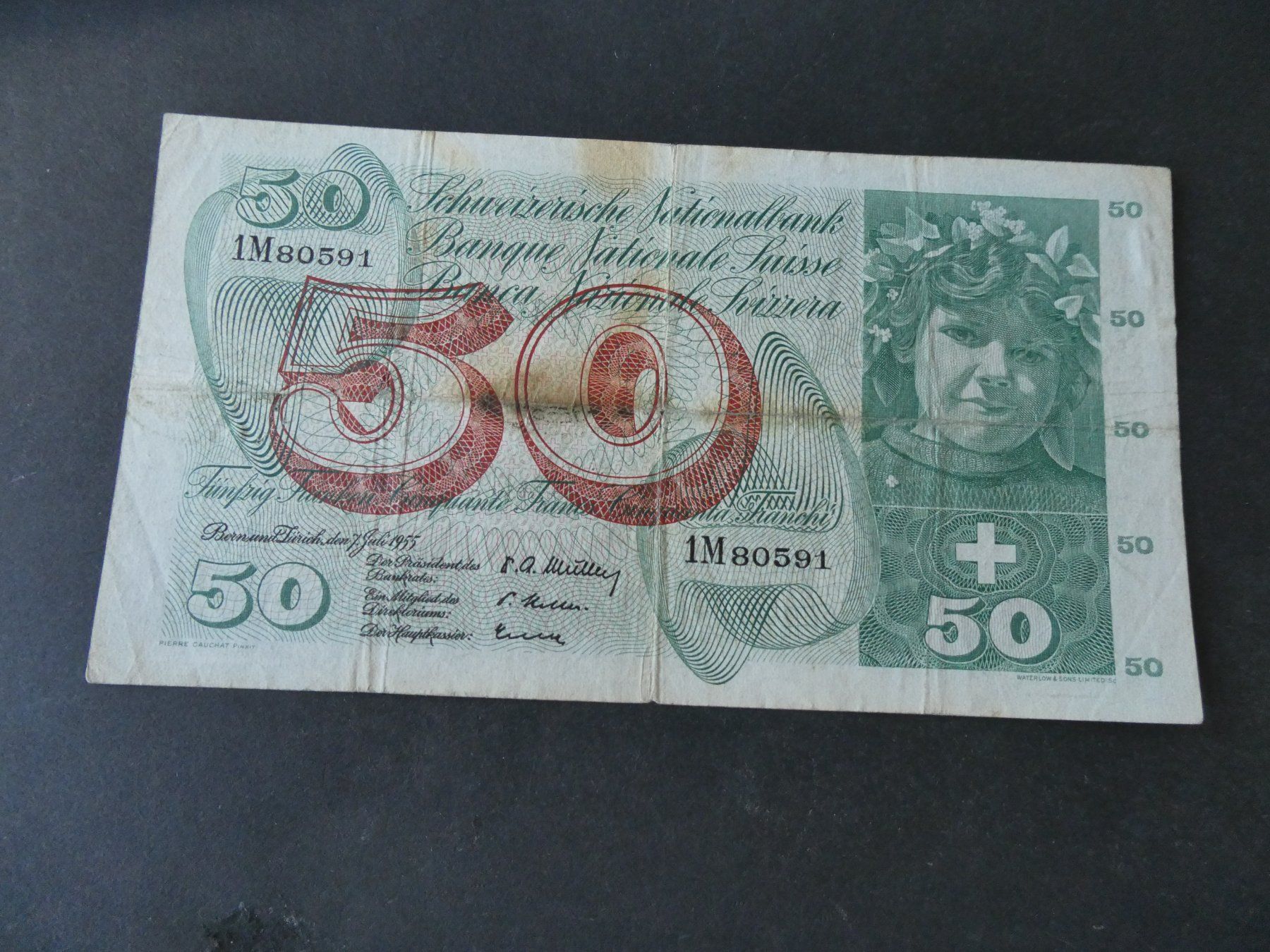 Banknoten: Schweiz 1955,  50 Franken – Gebraucht aus Hinterforst von Rohusri
