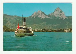 Postkarte 1980, Brunnen, Vierwaldstättersee und die Mythen