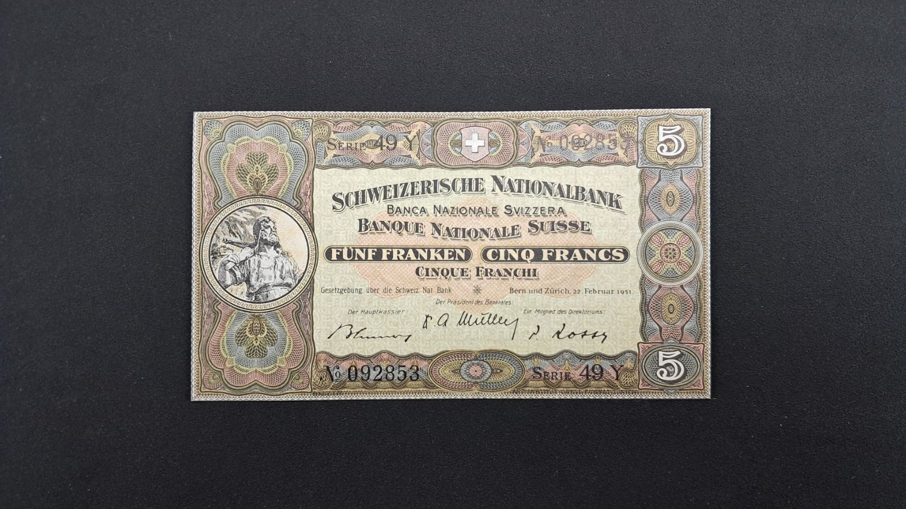 Banconote: 5 Franken  1951 Sign. Rossy Unc – Nuovo e nell'imballaggio originale da Lufingen venduto da E-Auktion