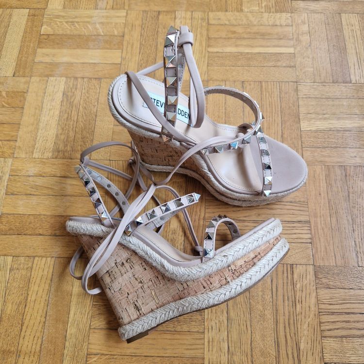 Sandales Compensées Steve Madden Wheatley En Cuir Noir Taille 8.5M - Neuves En Boîte