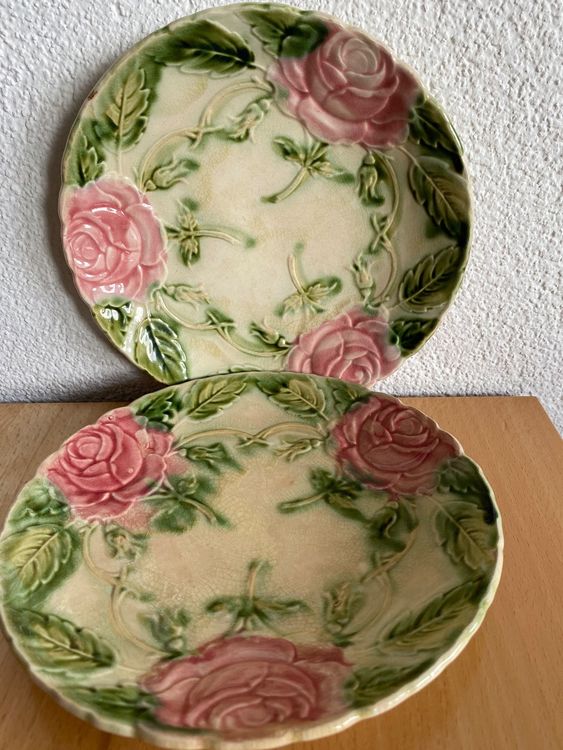 2 antike Jugendstil Steingut Teller mit Rosen (Gebraucht) in ...