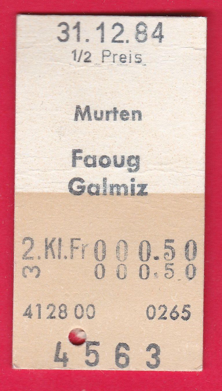 Biglietti: KARTON BILLETT, MURTEN - GALMIZ, 2.KLASSE, EINFACH, HALBTAX – Usato da Oberrieden venduto da Gebirgsstelze