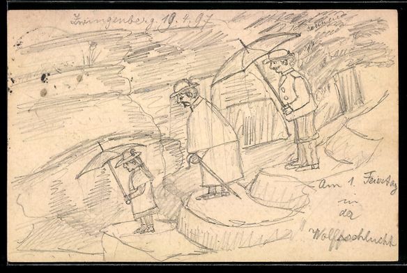 Cartoline postali: Handgemalt: Zwingenberg, Wanderer mit Re – Usato da Berlin venduto da bartko-reher